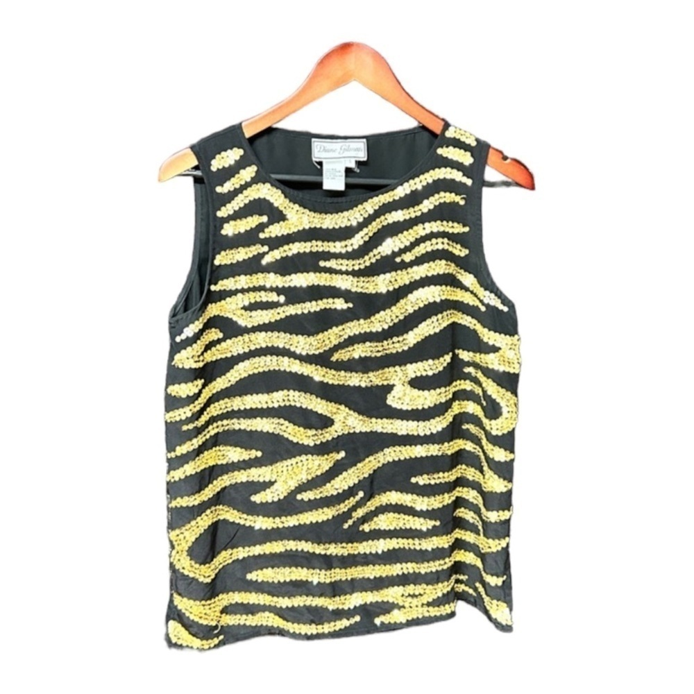 Diane Gilman black sleeveless boxy tank blouse flat gold sequin design small